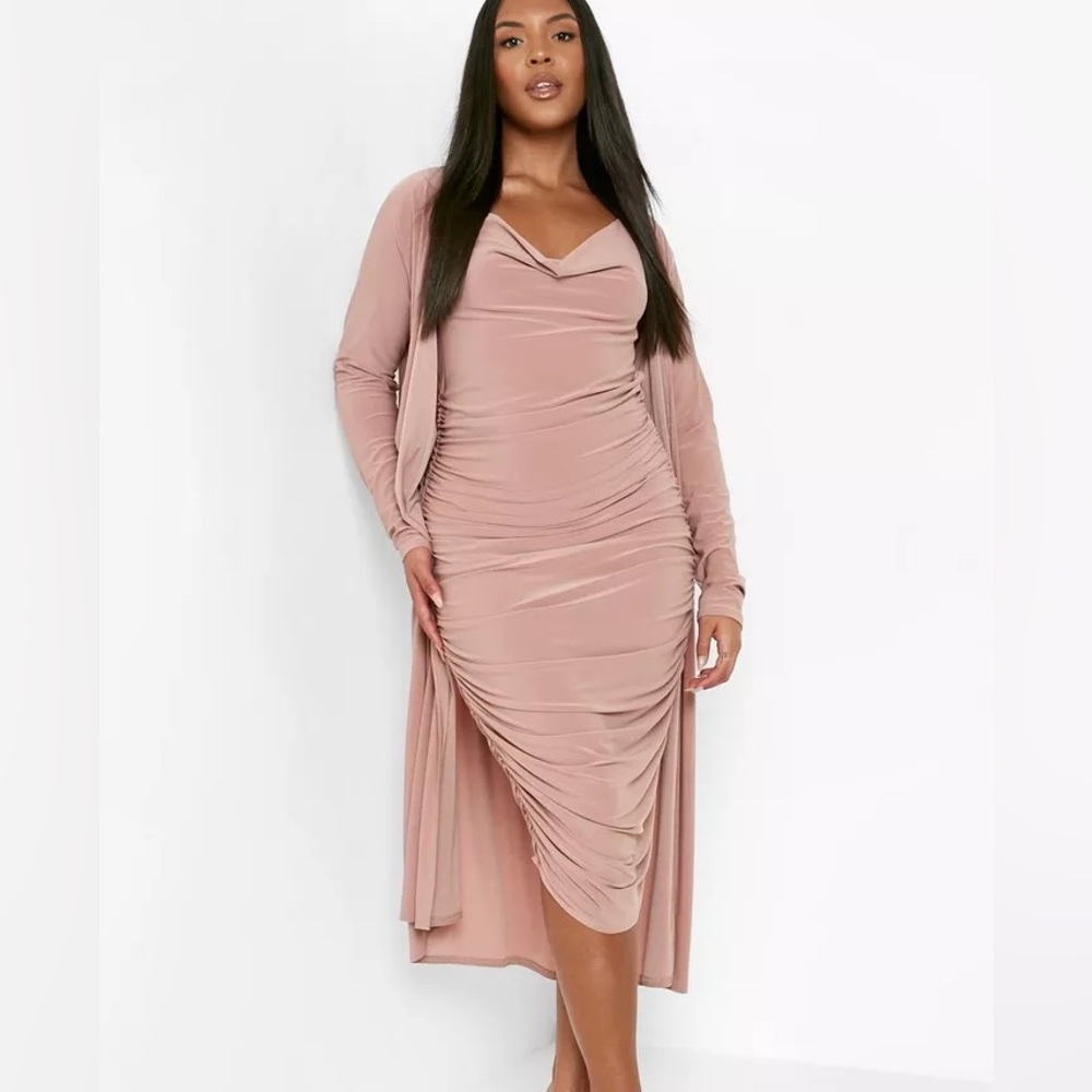 PLUS STRAPPY COWL NECK DRESS & DUSTER TWO-PIECE